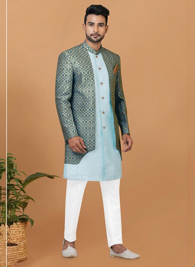 Jacquard Silk  Sky Blue Wedding Wear Embroidery Work Readymade Mens Indo Western